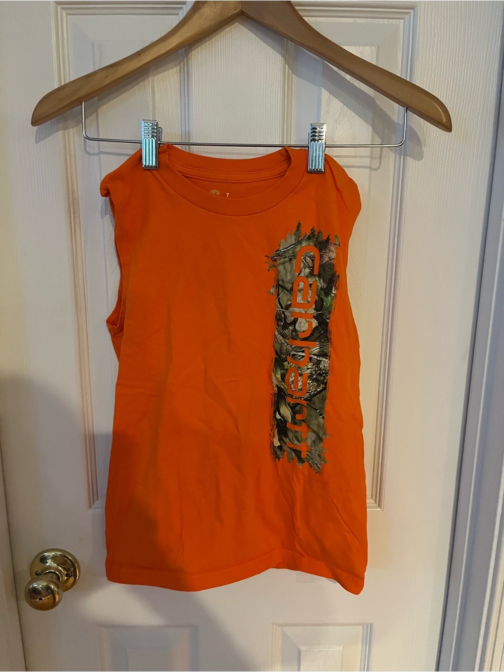 Carhartt Kids Orange Sleeveless Tank with Camo Vertical Logo